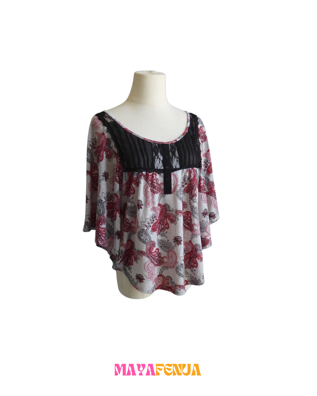 TOP GRIS À MOTIFS PAISLEY ROSES ET DENTELLE - FULLTILT - L
