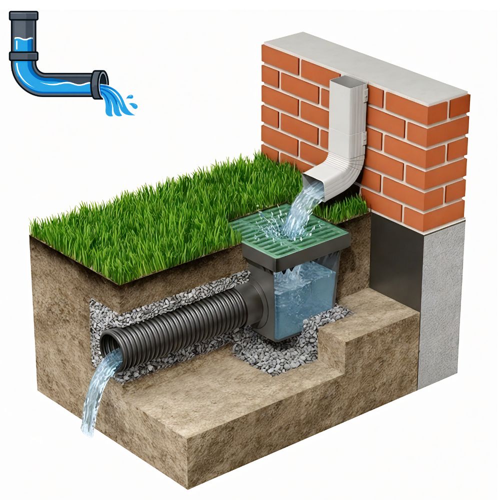 Cutaway diagram of a downspout draining into an underground catch basin and drain pipe away from a home foundation