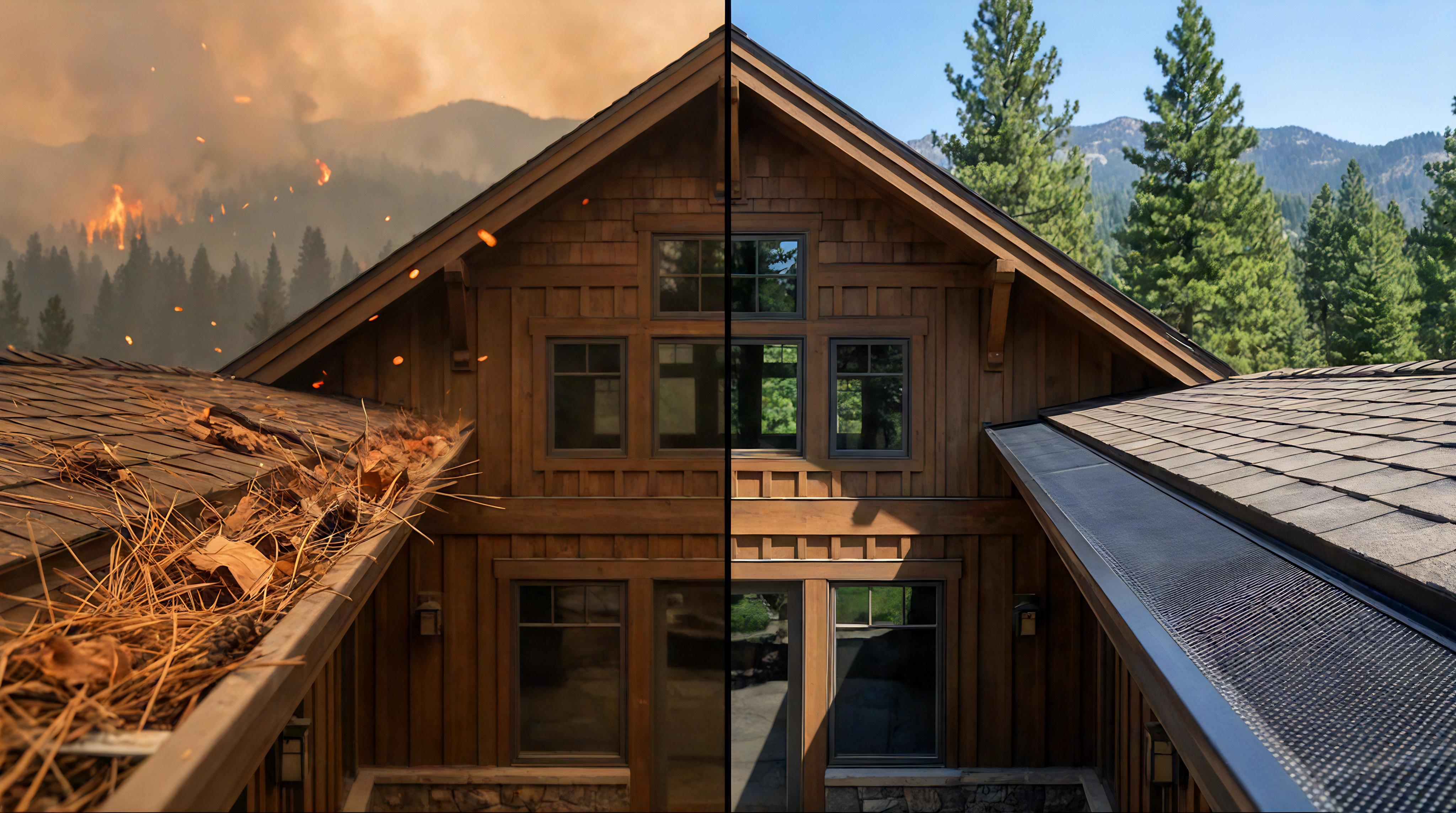 Comparison illustration of a Central Oregon home with pine needles in open gutters during wildfire season versus the same home protected by Firewise gutter screens