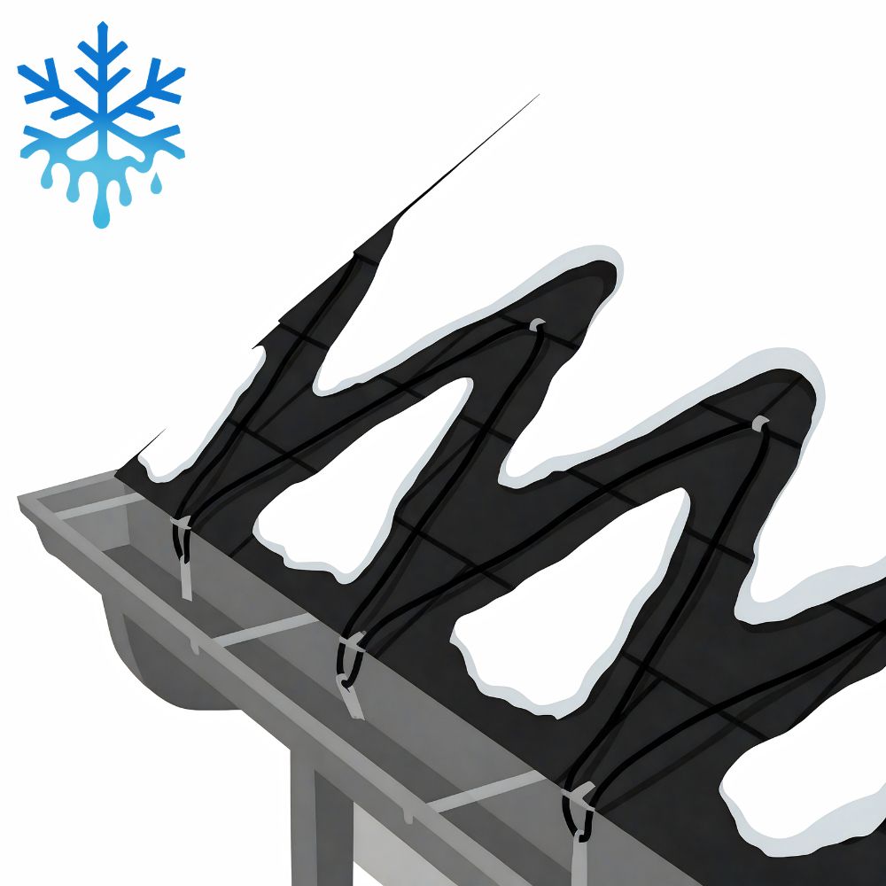 Diagram of ice melt heat cable zigzag layout along a roof edge and gutter to prevent ice dams