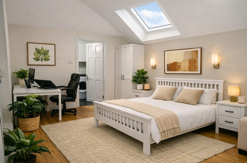 Garage converted into an annex bedroom in Northern Ireland with Velux skylight above the bed.
