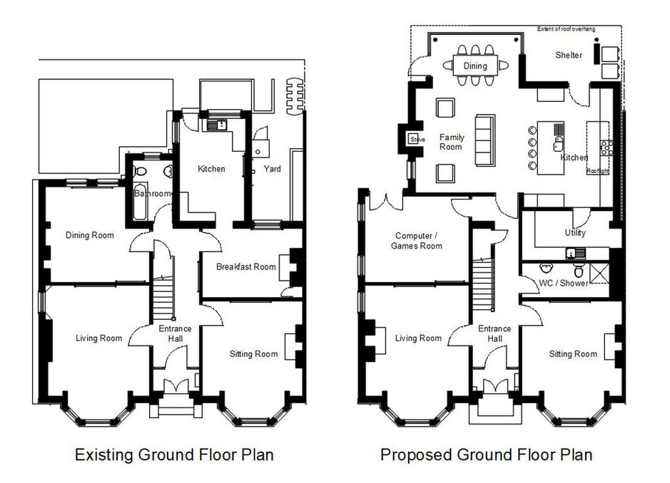 Existing and proposed ground‑floor plans illustrating major internal reconfiguration and new extension layout in Rosetta, Belfast by GT Building Design.