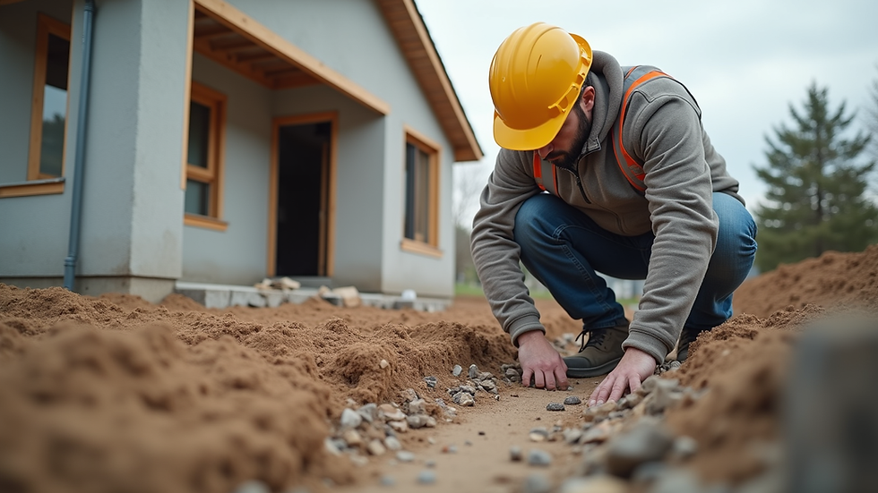 Eye-level view of a builder inspecting a house foundation