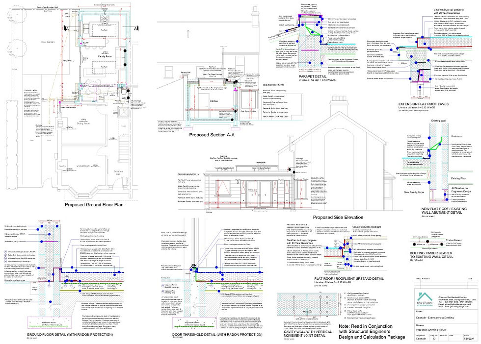 Architectural plans with detailed diagrams of a proposed building project, including floor plans, section views, and structural details, with notes.