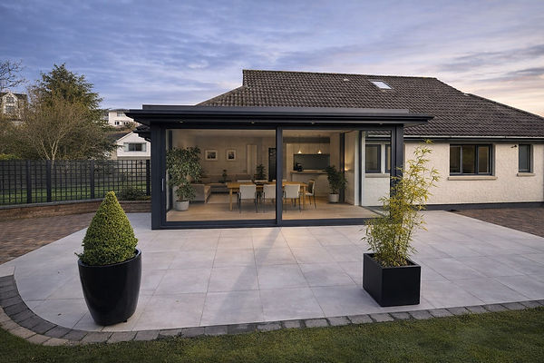 Rear extension exterior with glazed doors in Belfast by GT Building Design.