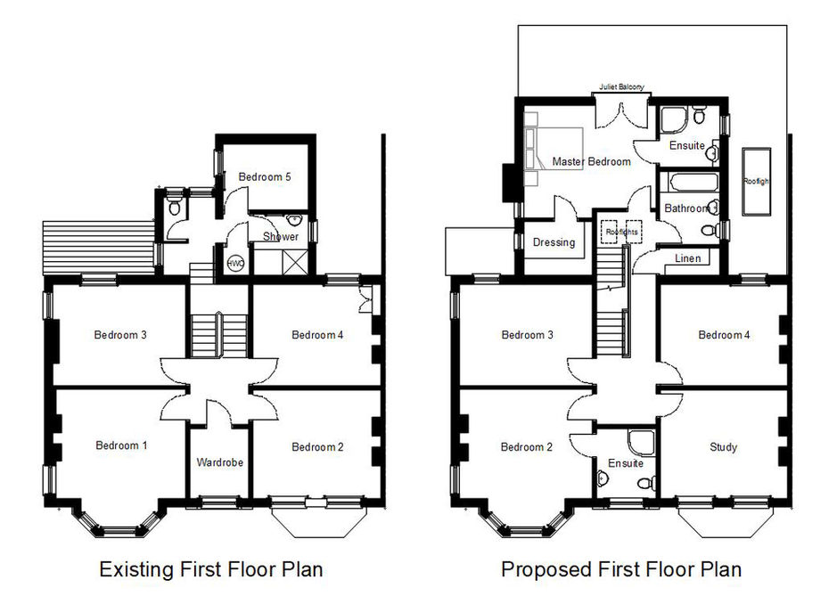 Existing and proposed first‑floor plans showing redesigned bedroom and bathroom arrangement for improved flow in Rosetta, Belfast by GT Building Design.