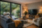Belfast home extension – open‑plan living room with garden connection and warm contemporary design.