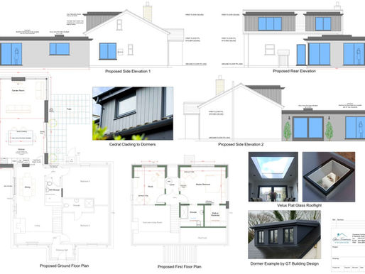 Architectural design proposal for a home extension in Newtownards by GT Building Design, featuring rear garden room, internal layout improvements and new dormer windows.