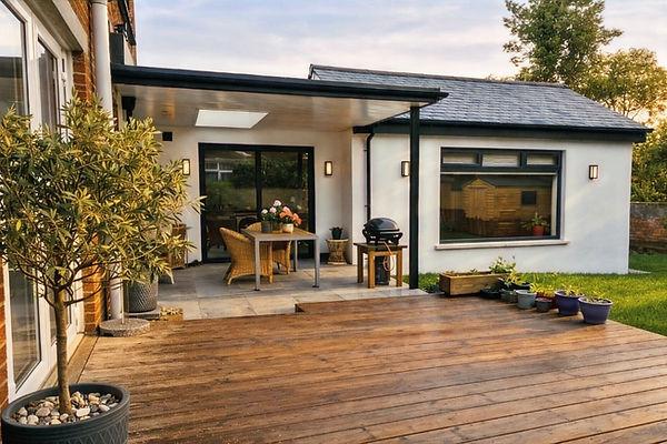 Rear extension exterior with patio and glazed doors in Donaghadee by GT Building Design.