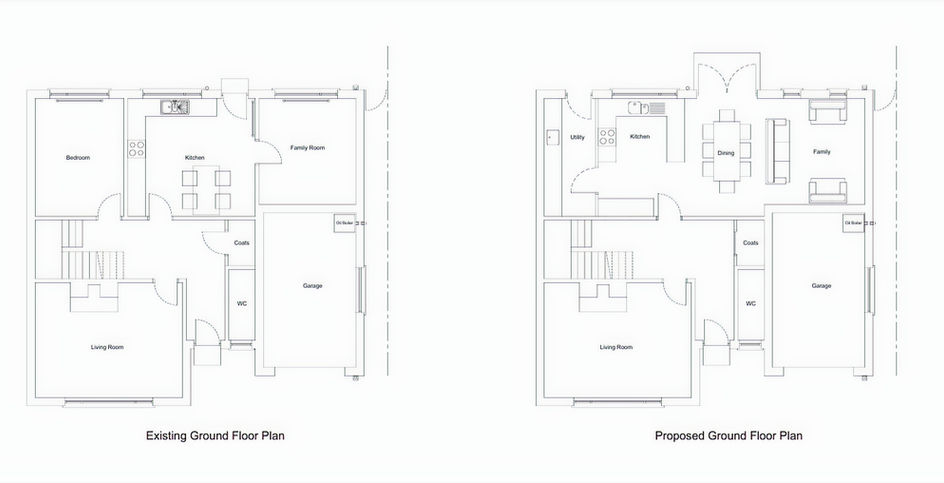 Existing and proposed ground floor plans for a Ballyholme, Bangor home showing internal reconfiguration by GT Building Design — open‑plan kitchen, dining and sitting area with new utility room.