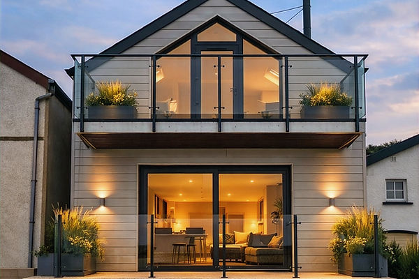 Contemporary rear extension to a beach house in Ballywalter featuring balcony with glass balustrade, warm evening lighting and coastal setting by GT Building Design