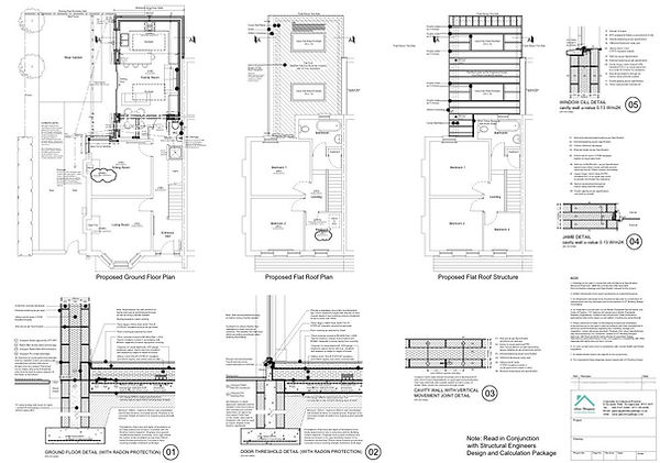 Building Control application drawings showing detailed construction plans, sections, structural details and specifications required for Building Regulations approval in Northern Ireland.