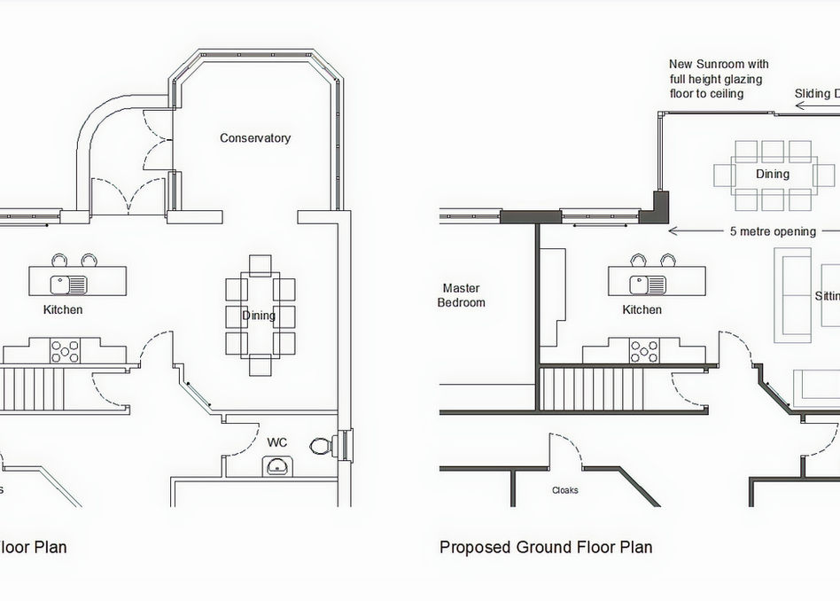 Existing and proposed ground‑floor plans showing new rear extension layout in Belfast by GT Building Design.