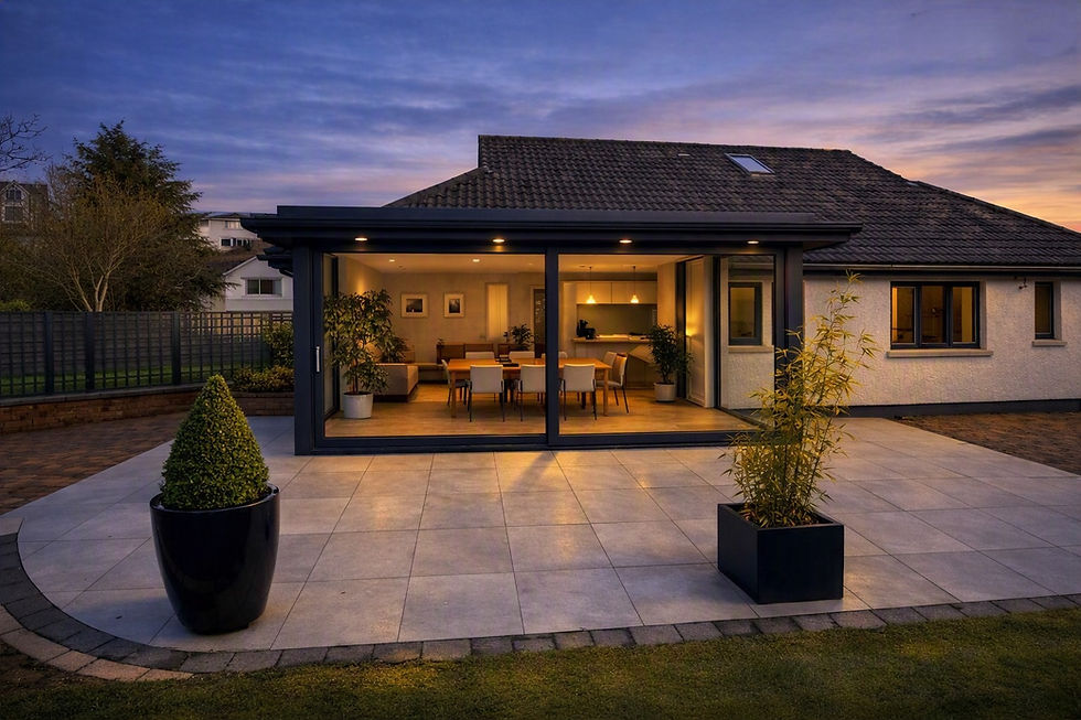 Early evening virtual reality image of a modern sunroom extension in Belfast by GT Building Design, showing warm interior lighting, Silver Mayfair paving, and Palladian 6 walls.