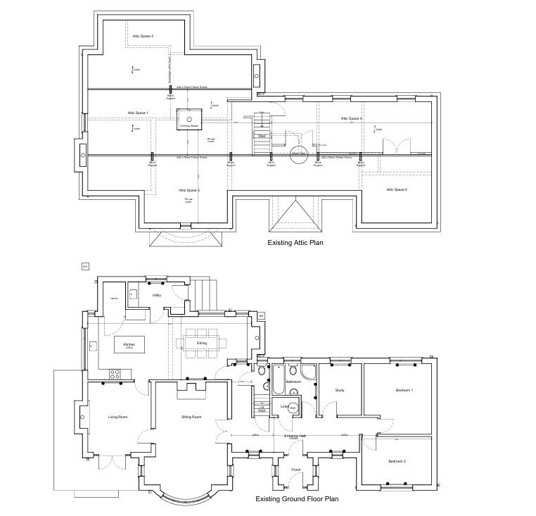 Architectural CAD drawings showing the existing attic and ground‑floor plans of a two‑storey house prepared from a measured survey by GT Building Design.