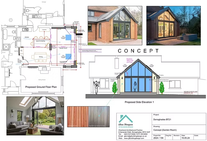 Architectural concept with floor plan, garden room elevations, exterior photos, and design details by GT Building Design