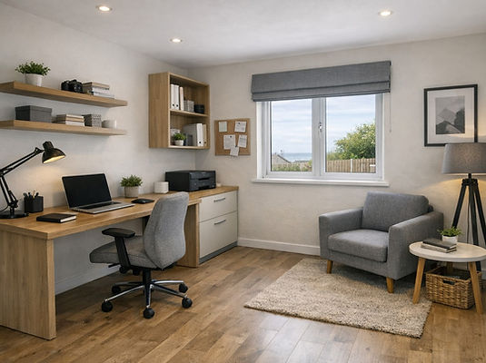 Home office created from a garage conversion in Northern Ireland with natural light and practical workspace.