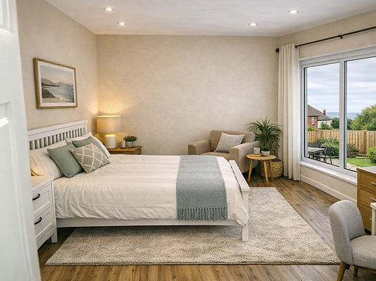 Master bedroom created from a garage conversion in Northern Ireland with large window overlooking a garden.