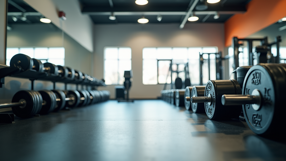 Wide angle view of a fitness studio with weights.
