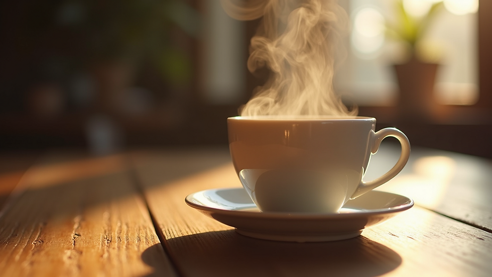 Eye-level view of a steaming cup of tea on a wooden table