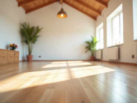 Eye-level view of a serene yoga studio with natural light