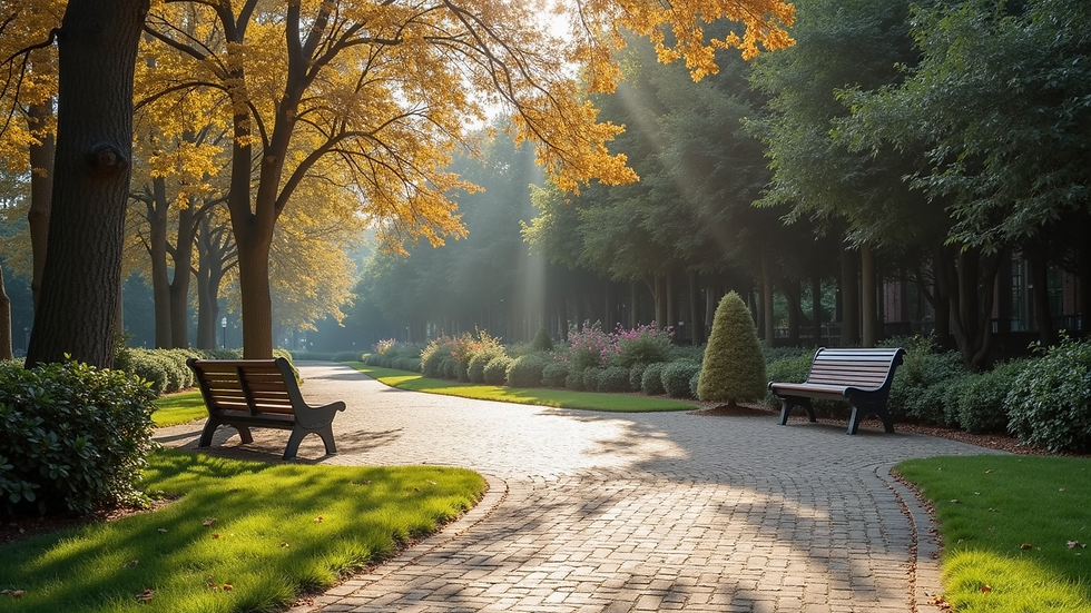 Wide angle view of a peaceful outdoor space with a bench