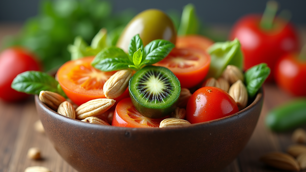 Close-up of a colourful bowl with mixed vegetables, nuts, and seeds