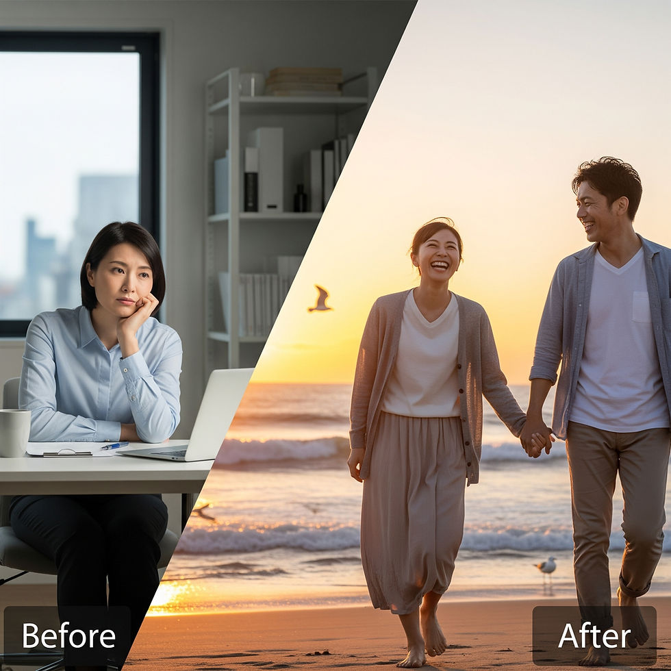 BeforeとAfterの画像:独りぼっちの女性と幸せなカップル