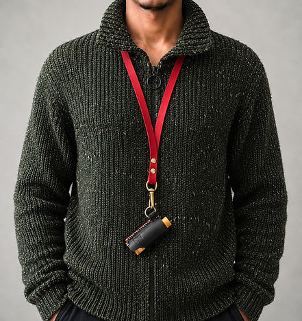 a man wearing the radina strap connected to the benny lip balm holder
