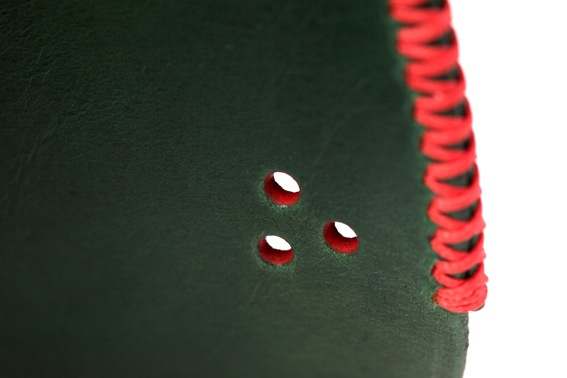 painted holes on green hand-dyed leather eyeglasses case