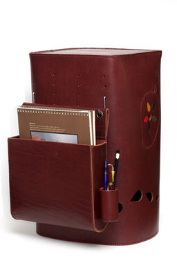 Hand-crafted Horween Illini latigo table/ busket with a removable organizer holding sketchbook and pens