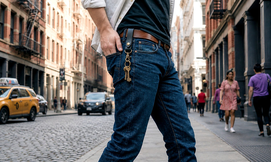Silverclaw keychain hanging from a leather belt loop on jeans
