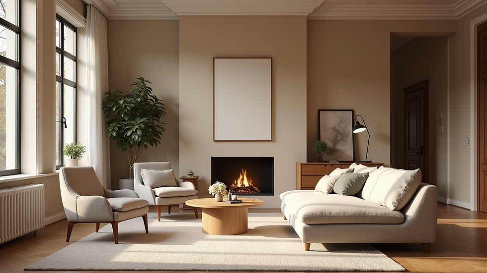 High angle view of a cozy family room with beige walls and dark brown trim