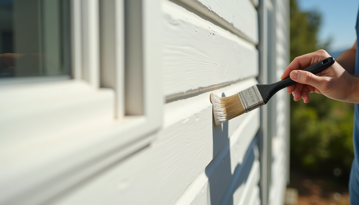 Close-up view of a painter applying white paint to wooden exterior trim with a brush