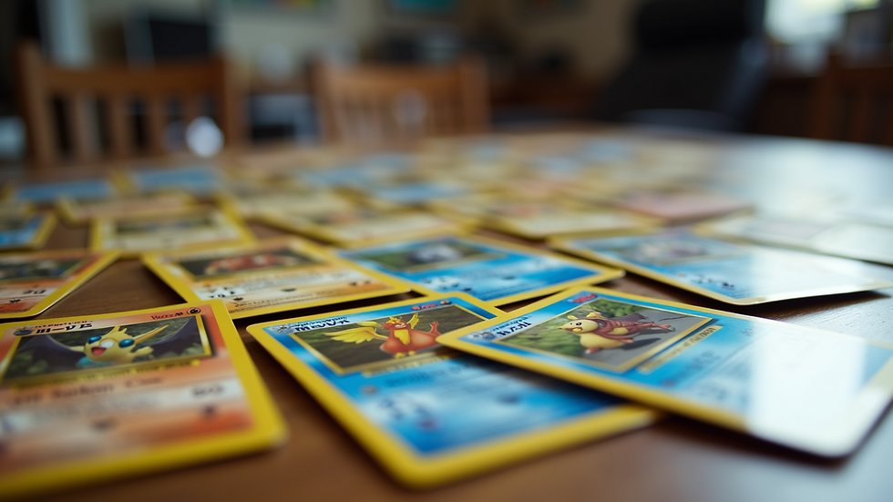 Eye-level view of a collection of Japanese Pokémon cards laid out on a table