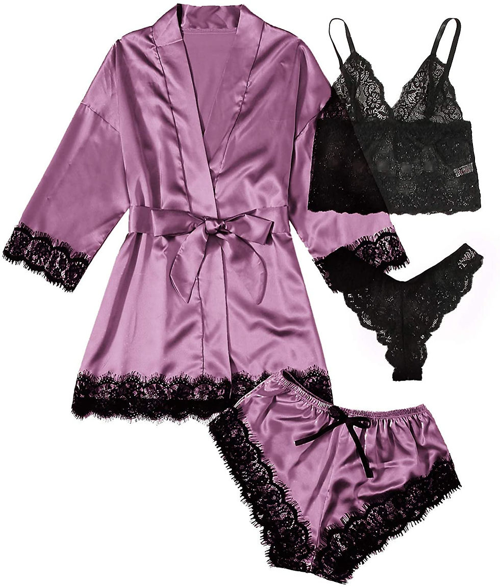 Thumbnail: SOLY HUX Women's Satin Pajama Set 4pcs Floral Lace Trim Cami Lingerie Sleepwear