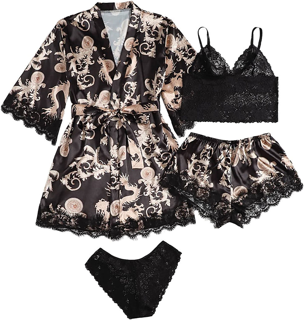 Thumbnail: SOLY HUX Women's Satin Pajama Set 4pcs Floral Lace Trim Cami Lingerie Sleepwear