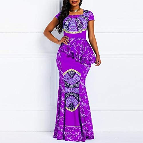 Thumbnail: VERWIN African Dress Cap Sleeve Square Neck Floor-Length Geometric Mermaid Maxi