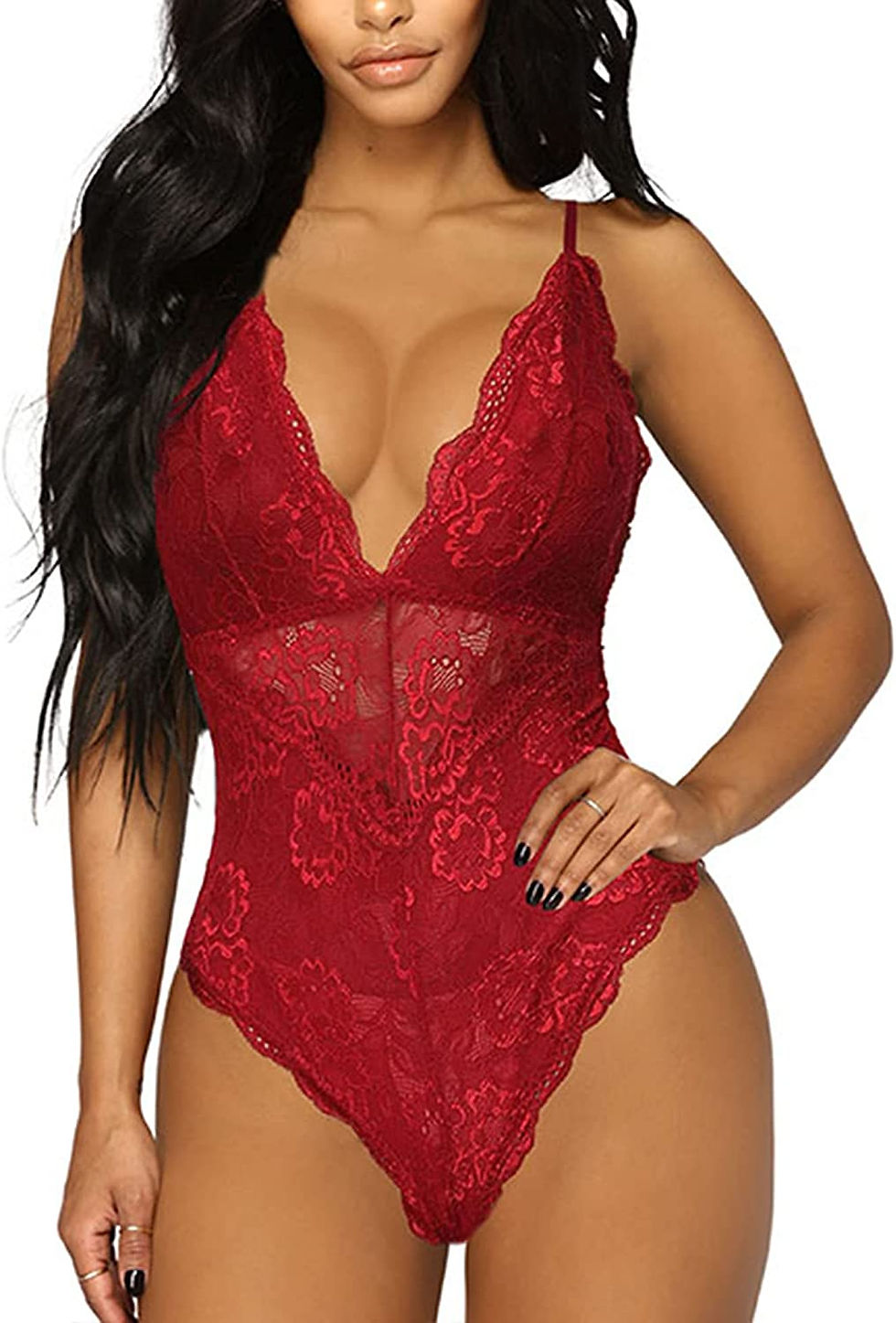 Thumbnail: Aranmei Lingerie for Women Sexy Deep V Lace Bodysuit Snap Crotch Teddy Sleepwear