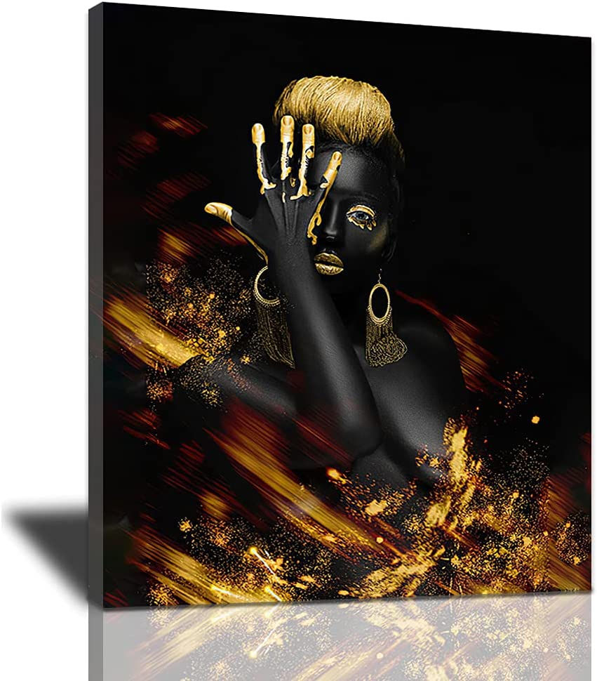 Thumbnail: African American Wall Art, Canvas Painting Black And Golden Woman Portrait Abst
