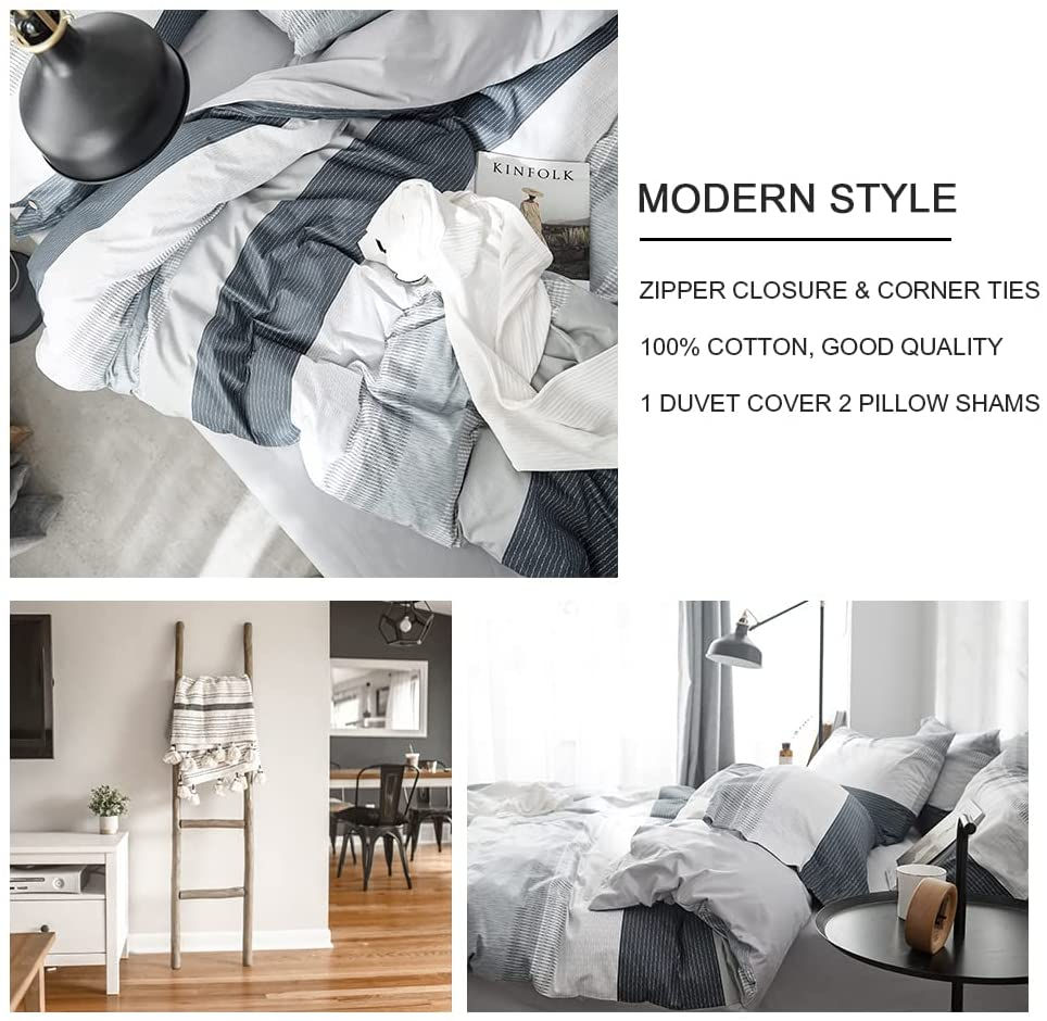 Thumbnail: VClife Cotton Duvet Cover Gray Blue White Queen Duvet Cover, Luxurious Simple S