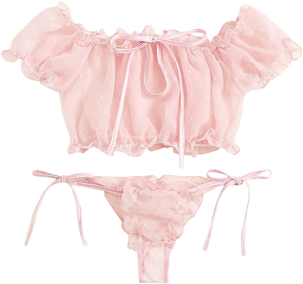 Thumbnail: SheIn Women's Self Tie Ruffle Trim Dobby Mesh Lingerie Set Sexy Bra and Panty