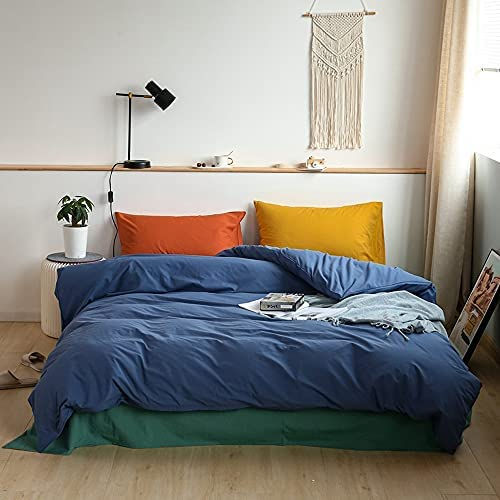الصورة المصغرة: Washed Cotton Duvet Cover Dark Green Reversible Solid Color Bedding Set Modern 