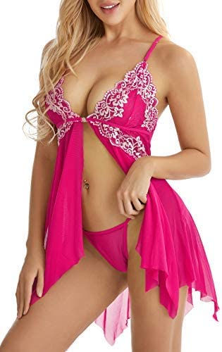 Thumbnail: Lingerie for Women Front Closure Babydoll Lace Chemise V Neck Mesh Sleepwear