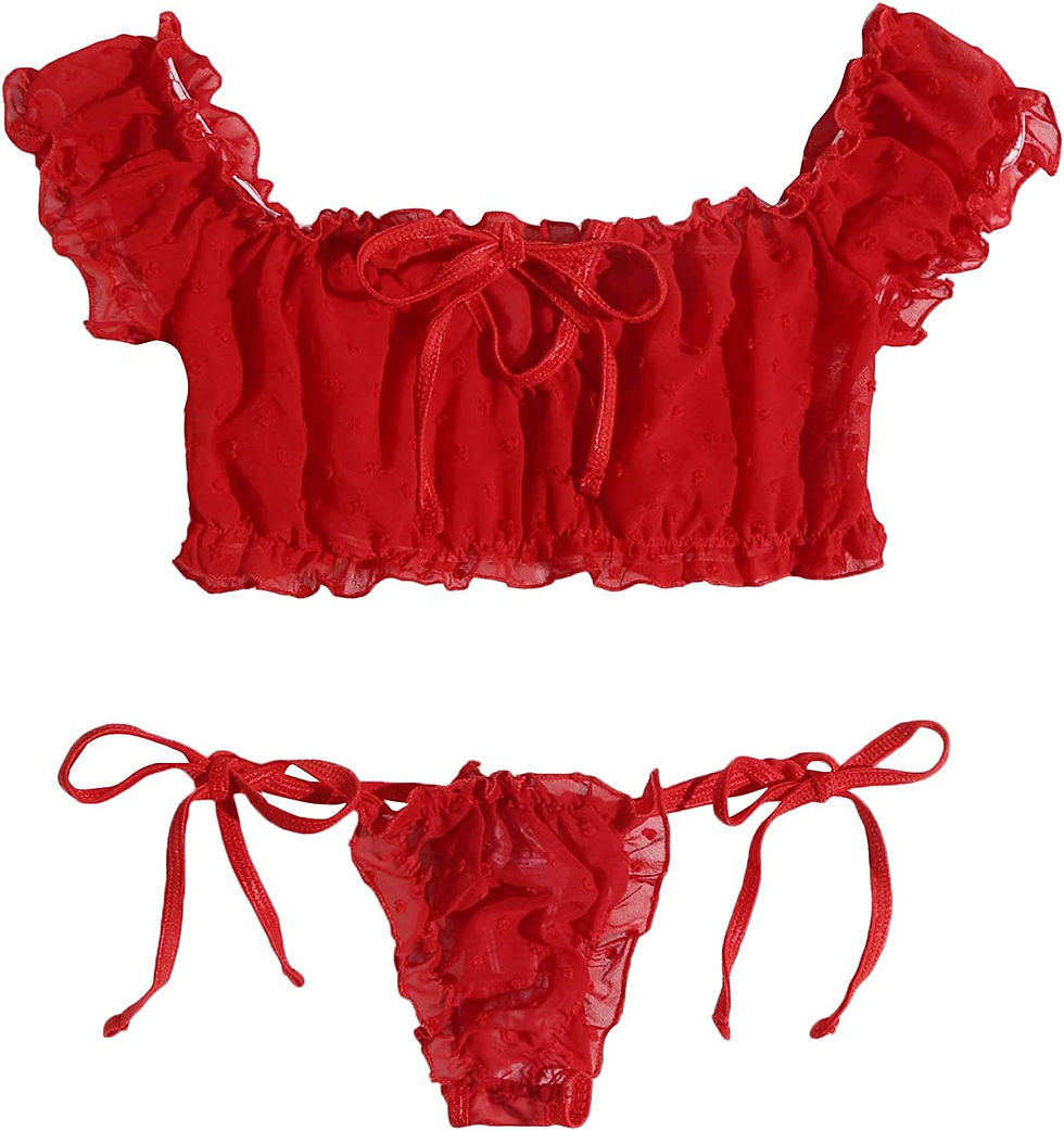 Thumbnail: SheIn Women's Self Tie Ruffle Trim Dobby Mesh Lingerie Set Sexy Bra and Panty