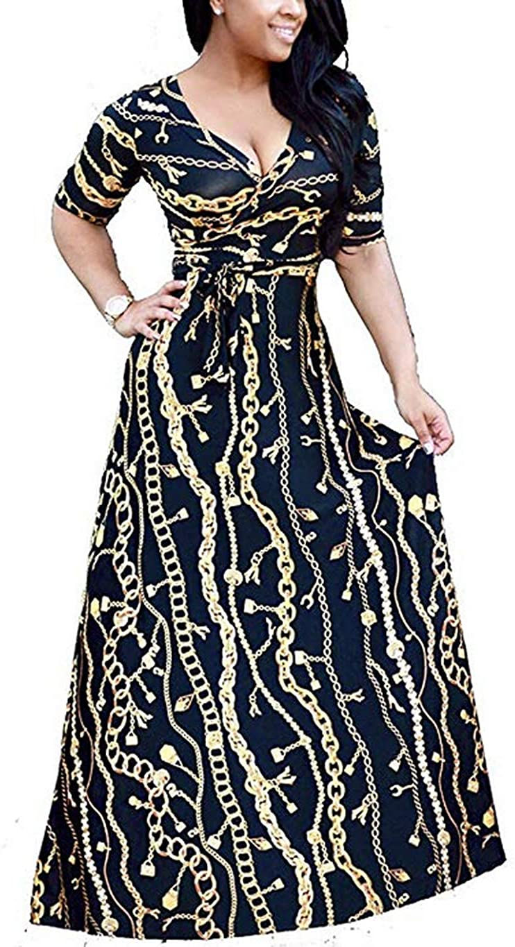 Thumbnail: Locryz Women's V Neck 3/4 Sleeve African Floral Printed Party Loose Long Maxi D