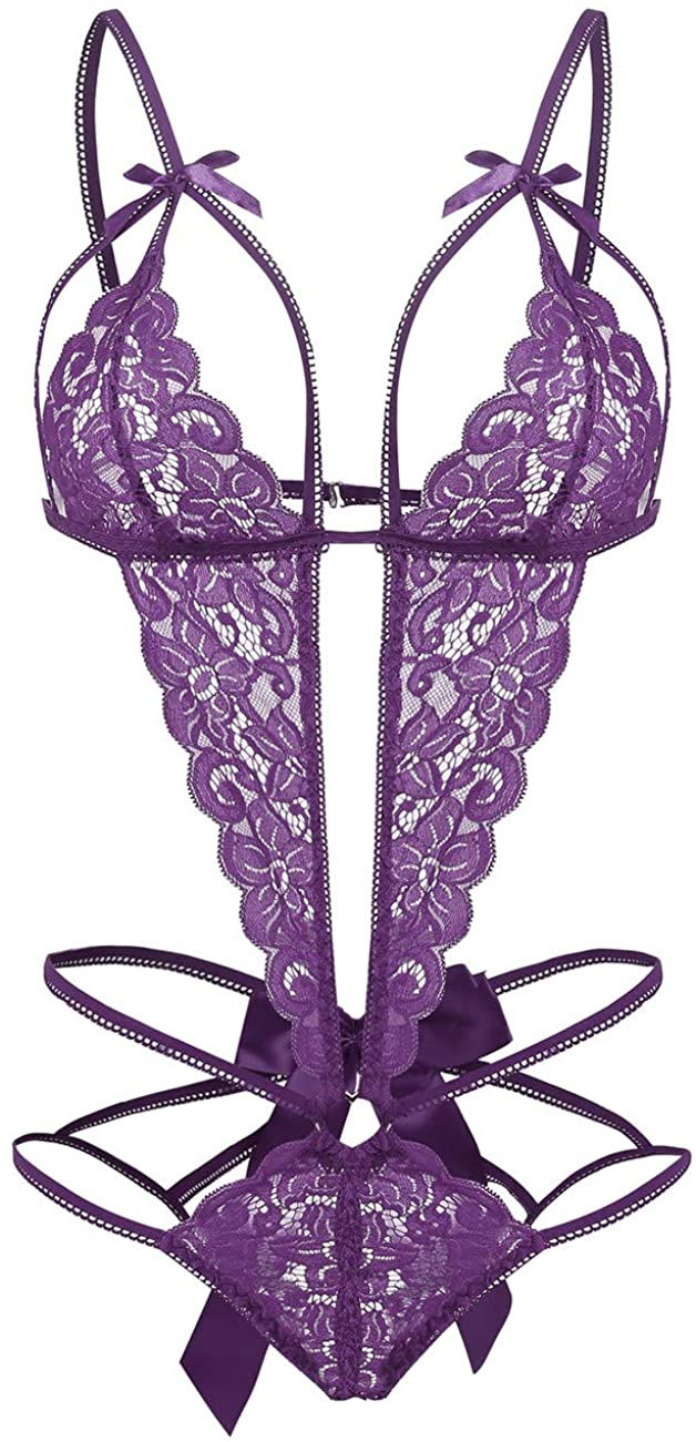 Thumbnail: Donnalla Women's Deep V Lace Teddy One Piece Lingerie Cutout Strappy Lingerie