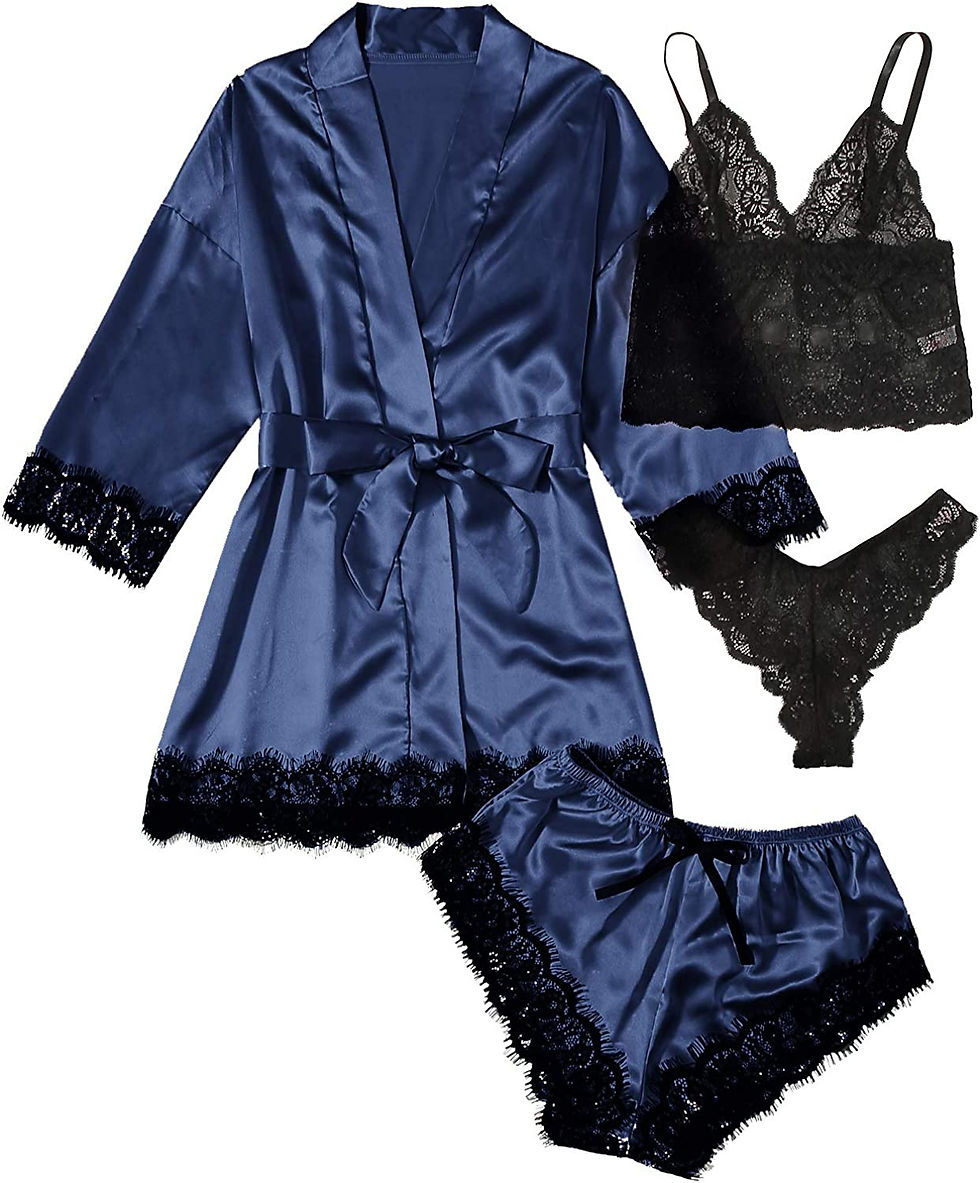 Thumbnail: SOLY HUX Women's Satin Pajama Set 4pcs Floral Lace Trim Cami Lingerie Sleepwear