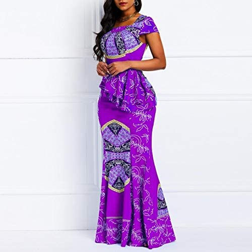 Thumbnail: VERWIN African Dress Cap Sleeve Square Neck Floor-Length Geometric Mermaid Maxi