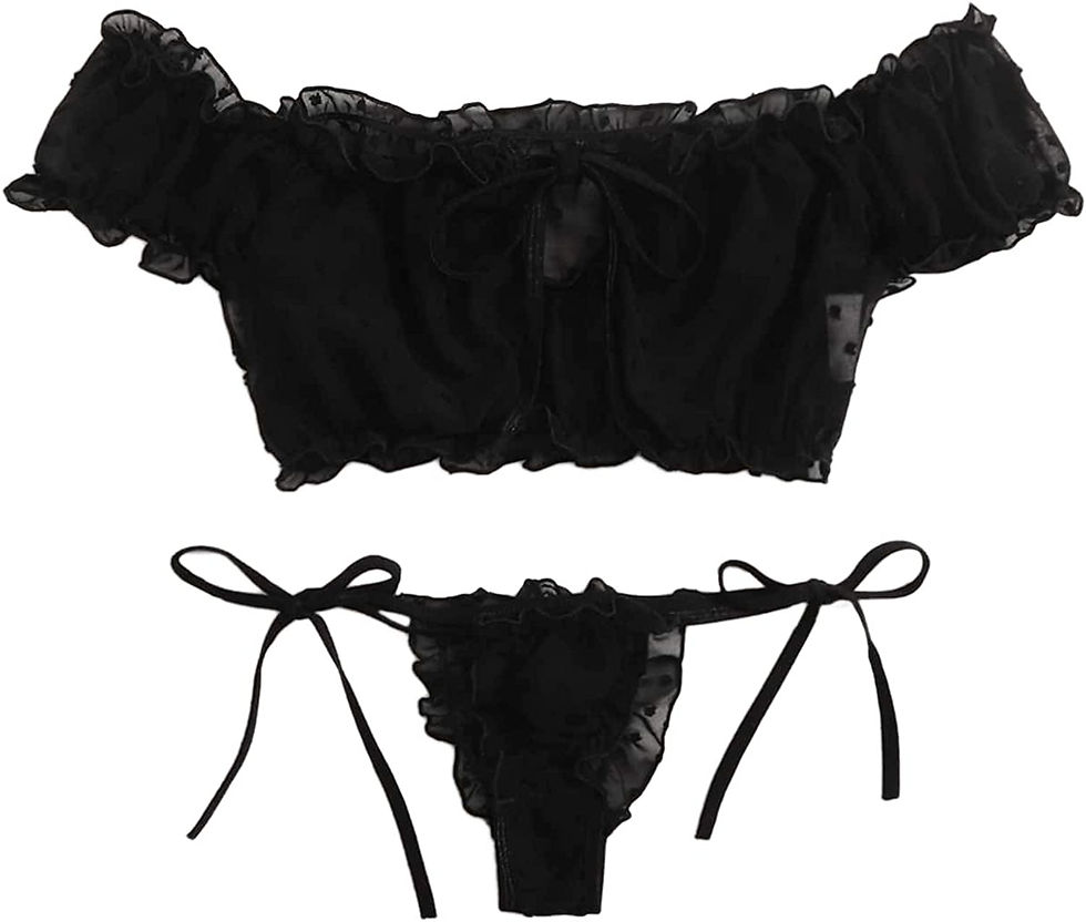 Thumbnail: SheIn Women's Self Tie Ruffle Trim Dobby Mesh Lingerie Set Sexy Bra and Panty